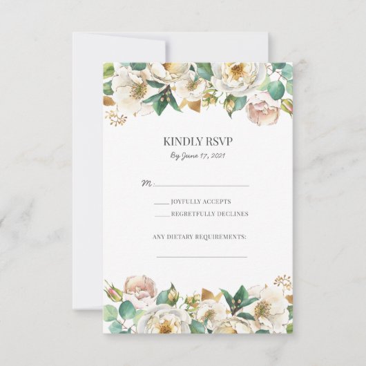 Groene Goud Witte Bloemen Bruiloft RSVP-kaarten RSVP Kaartje (Voorkant)