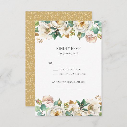 Groene Goud Witte Bloemen Bruiloft RSVP-kaarten RSVP Kaartje (Voorkant / Achterkant)