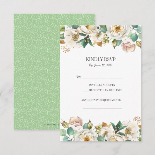 Groene goud witte bloemige trouw RSVP-kaarten RSVP Kaartje (Voorkant / Achterkant)