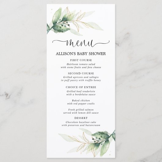 Groene goudbladeren eenvoudig modern douchemenu programmakaart (Voorkant)