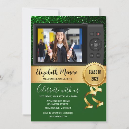 Groene Gouden Afstudeerfoto Uitnodiging (Voorkant)