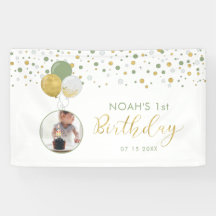 Groene & Gouden Ballon 1e Verjaardag Foto Banner