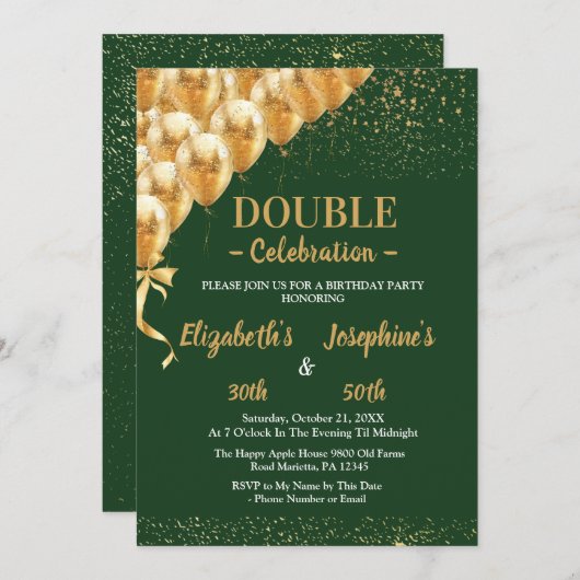 Groene Gouden Ballonnen Glitter Dubbele Verjaardag Kaart (Voorkant / Achterkant)