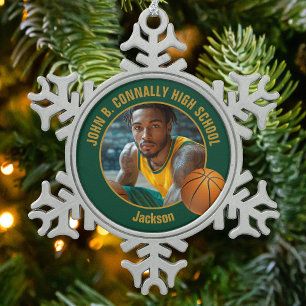 Groene Gouden Basketbalspeler Foto Tin Sneeuwvlok Ornament
