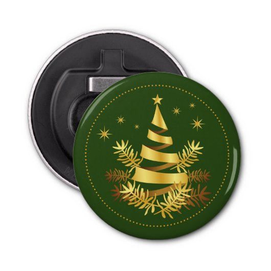 Groene gouden bladeren sterren kerstboom button flesopener (Voorkant)