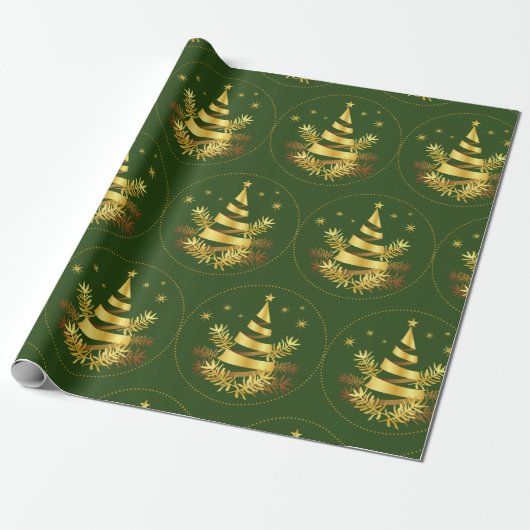 Groene gouden bladeren sterren kerstboom cadeaupapier (Uitgerold)