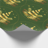 Groene gouden bladeren sterren kerstboom cadeaupapier (Hoek)