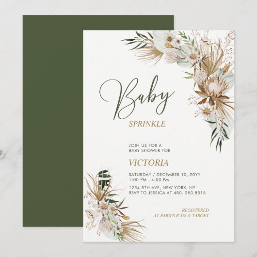Groene & Gouden Boho Botanische Baby Sprinkle Kaart (Voorkant / Achterkant)