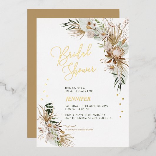 Groene & Gouden Boho Botanische Bruidsdouche Folie Uitnodiging (Voorkant / Achterkant)