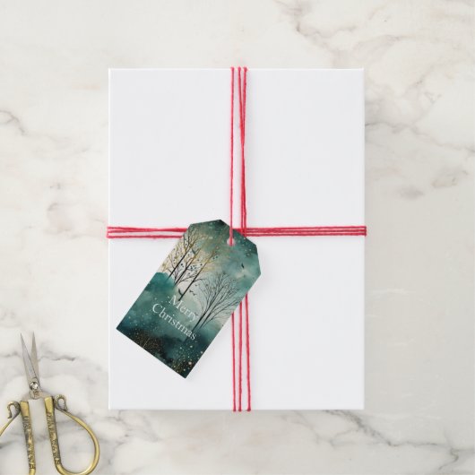 Groene Gouden Bomen Kerst Cadeaulabel (Met Touw)