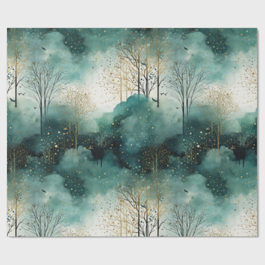 Groene Gouden Bomen Kerst Cadeaupapier (Vlak)