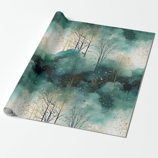 Groene Gouden Bomen Kerst Cadeaupapier (Uitgerold)