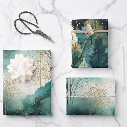 Groene Gouden Bomen Kerst Inpakpapier Vel (Voorkant)