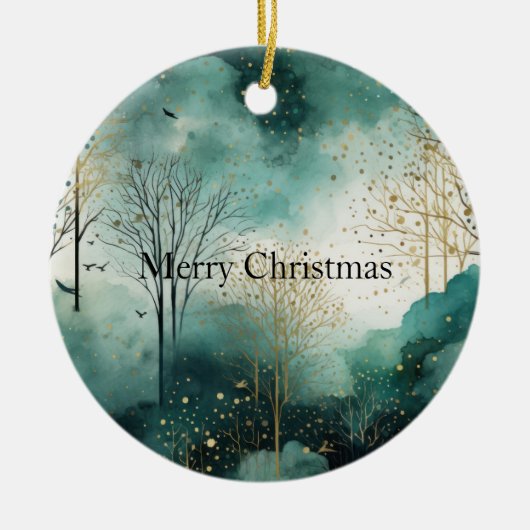 Groene Gouden Bomen Kerst Keramisch Ornament (Voorkant)