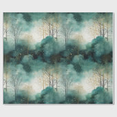 Groene Gouden Bomen Met Vogels Kerstmis Cadeaupapier (Vlak)