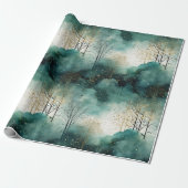 Groene Gouden Bomen Met Vogels Kerstmis Cadeaupapier (Uitgerold)