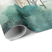 Groene Gouden Bomen Met Vogels Kerstmis Cadeaupapier (Rol Hoek)