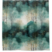 Groene Gouden Bomen Met Vogels Kerstmis Douchegordijn (Voorkant)