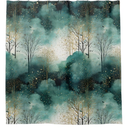 Groene Gouden Bomen Met Vogels Kerstmis Douchegordijn (Voorkant)