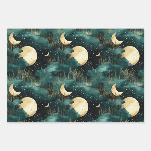 Groene Gouden Bomen Met Vogels Kerstmis Inpakpapier Vel (Voorkant 3)