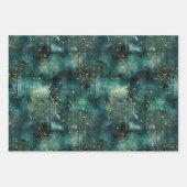 Groene Gouden Bomen Met Vogels Kerstmis Inpakpapier Vel (Voorkant 2)