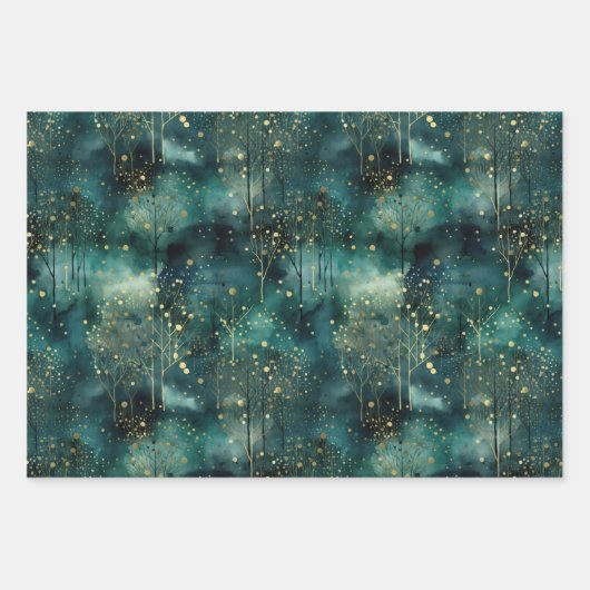 Groene Gouden Bomen Met Vogels Kerstmis Inpakpapier Vel (Voorkant 2)