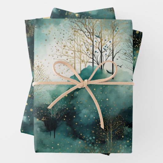Groene Gouden Bomen Met Vogels Kerstmis Inpakpapier Vel (In situ)
