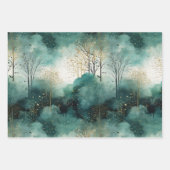 Groene Gouden Bomen Met Vogels Kerstmis Inpakpapier Vel (Voorkant)