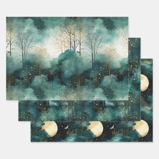 Groene Gouden Bomen Met Vogels Kerstmis Inpakpapier Vel (Set)