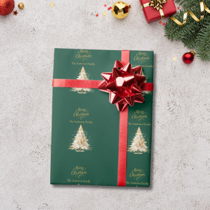 Groene gouden boom sneeuw Kerstmis Cadeaupapier