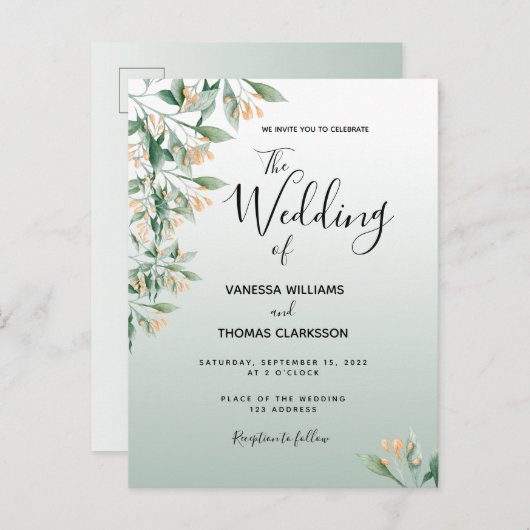 Groene gouden botanische huwelijksuitnodiging briefkaart (Voorkant / Achterkant)