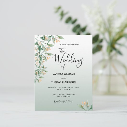 Groene gouden botanische huwelijksuitnodiging briefkaart (Staand voorkant)