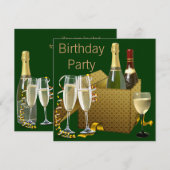 Groene gouden champagne wijnglazen verjaardagsfees kaart (Voorkant / Achterkant)