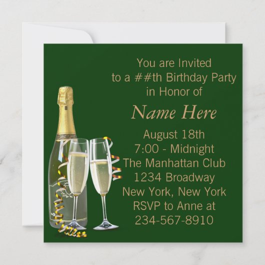 Groene gouden champagne wijnglazen verjaardagsfees kaart (Achterkant)