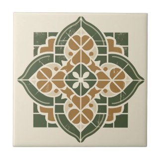 Groene, Gouden & Cream Geometrische Patroon Kerami Tegeltje