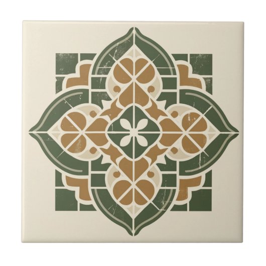 Groene, Gouden & Cream Geometrische Patroon Kerami Tegeltje (Voorkant)