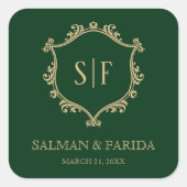  Groene Gouden Crest Monogram Wedding Favor Vierkante Sticker (Voorkant)