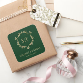  Groene Gouden Crest Monogram Wedding Favor Vierkante Sticker
