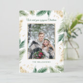 Groene & Gouden dennennaalden Kerstmis Foto Feestdagenkaart (Staand voorkant)