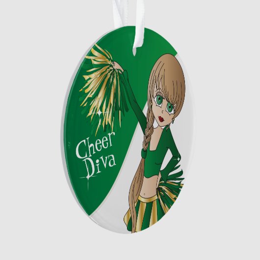 Groene, gouden en witte Cheerleader Girl 📣 Ornament (voorkant)