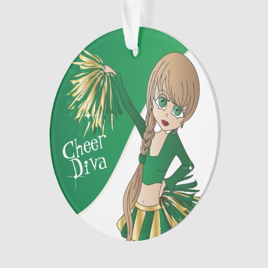 Groene, gouden en witte Cheerleader Girl 📣 Ornament (voorkant)