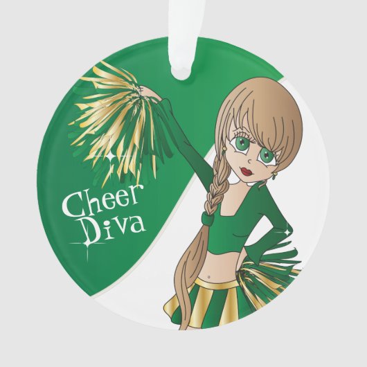 Groene, gouden en witte Cheerleader Girl 📣 Ornament (voorkant)