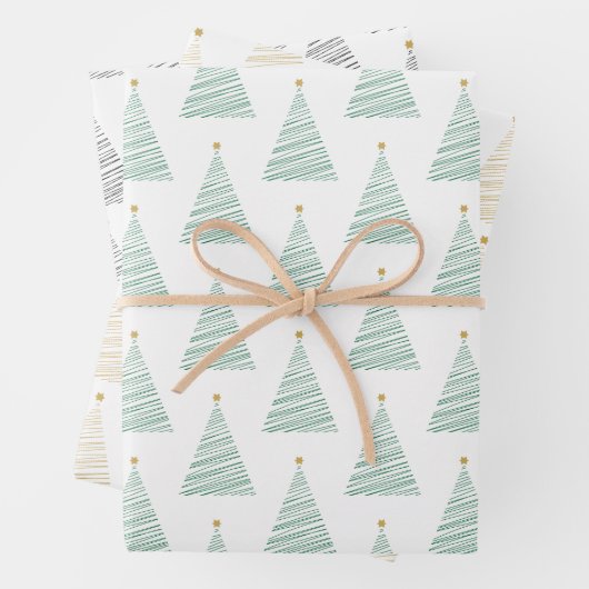 Groene, gouden en zwarte lijn kerstbomen inpakpapier vel (In situ)