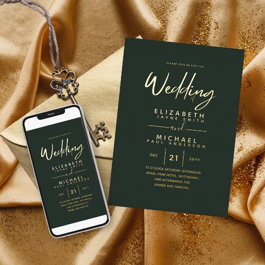 Groene Gouden Folie Script Elegante Moderne Bruilo Uitnodiging