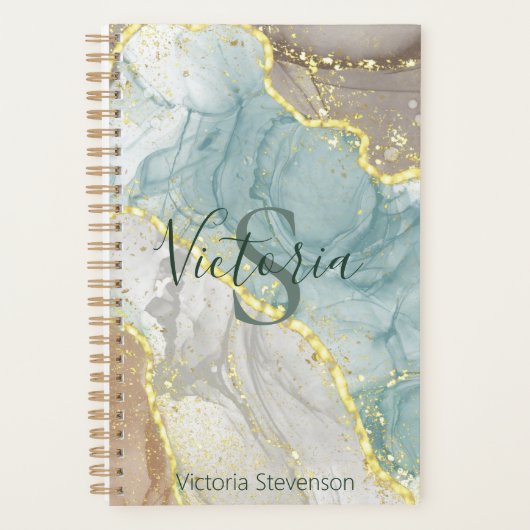 Groene Gouden Glitter Marmer Geode Monogram Planne Planner (Voorkant)