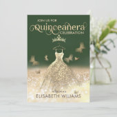 Groene gouden glitters jurk vlinder Quinceañera Kaart (Staand voorkant)