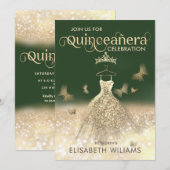 Groene gouden glitters jurk vlinder Quinceañera Kaart (Voorkant / Achterkant)