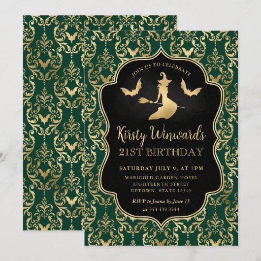 Groene gouden heks en vleermuizen Damask 21ste ver Kaart (Voorkant / Achterkant)