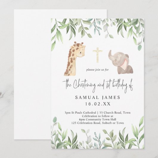 Groene & Gouden Jungle Doop & 1e Verjaardag Kaart (Voorkant / Achterkant)