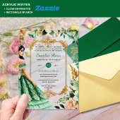 Groene gouden jurk Quinceañera Emerald Mis Quince Acryl Uitnodigingen